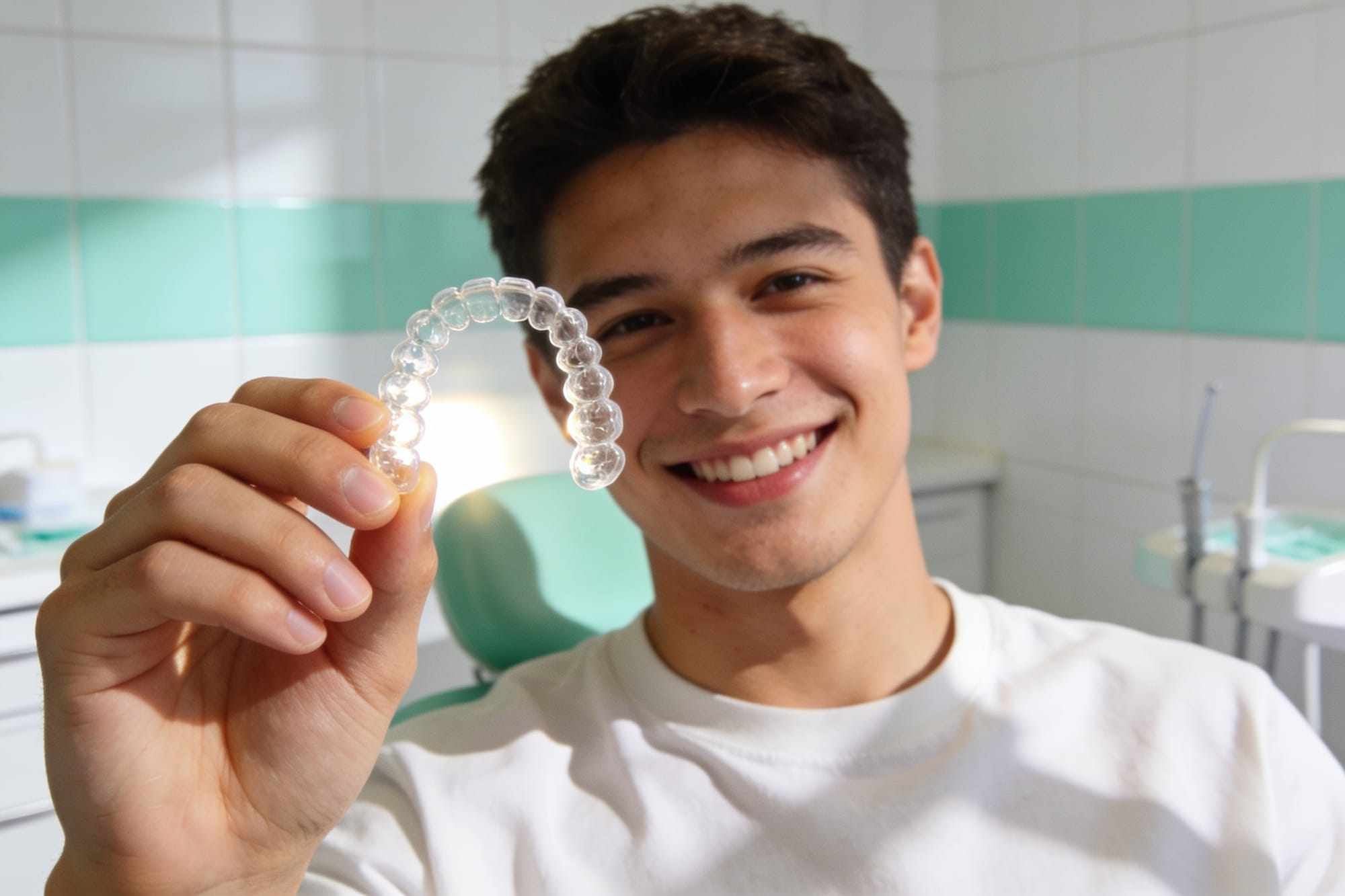 A young man holding a clear dental aligner up to the light