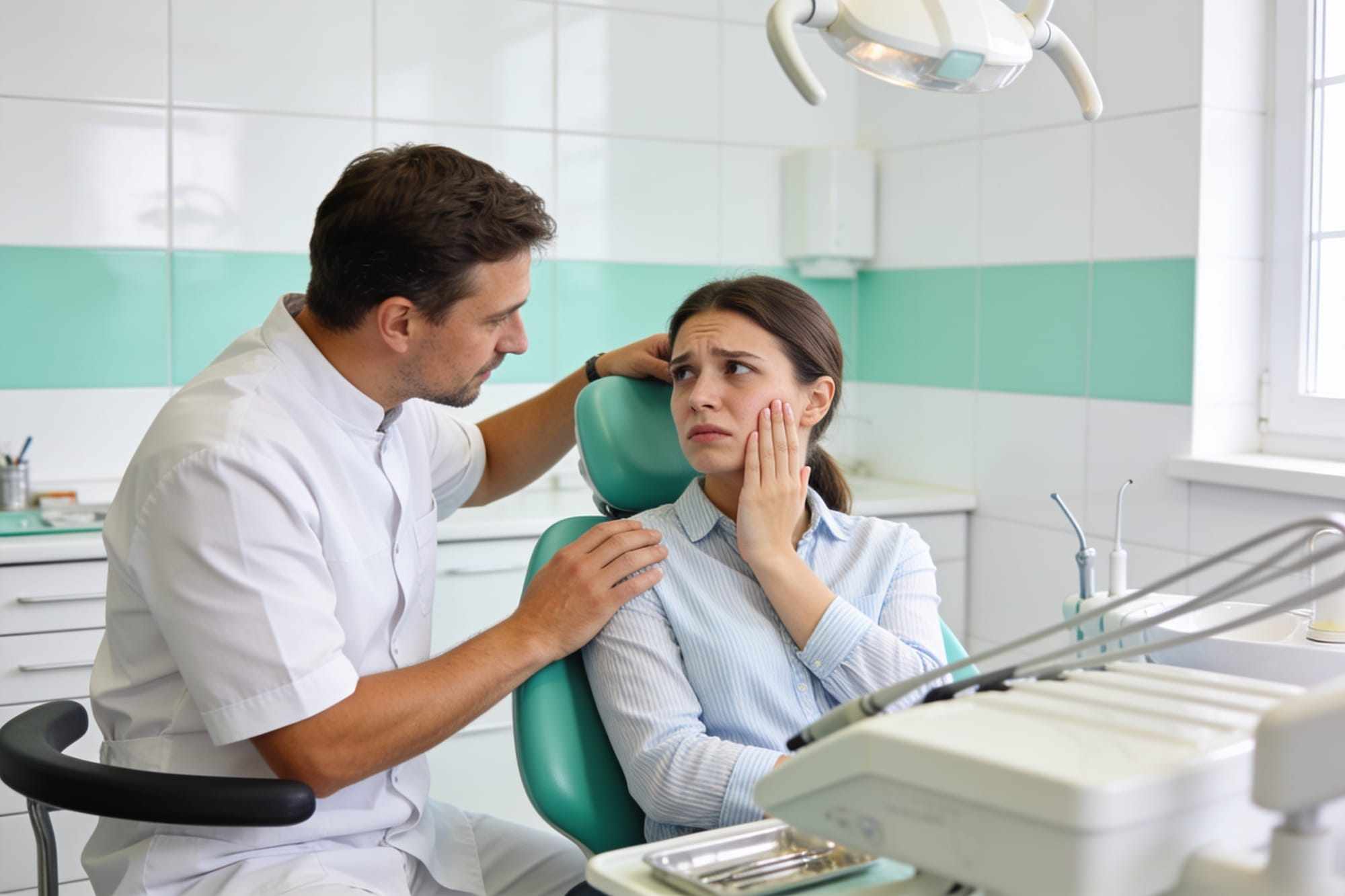 A dentist reassuring a worried patient holding their cheek