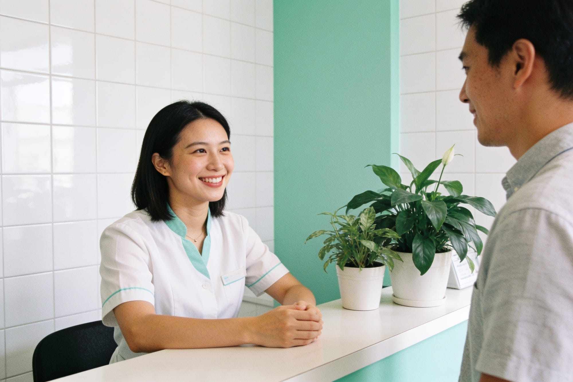 A receptionist welcoming a new patient at a bright front desk