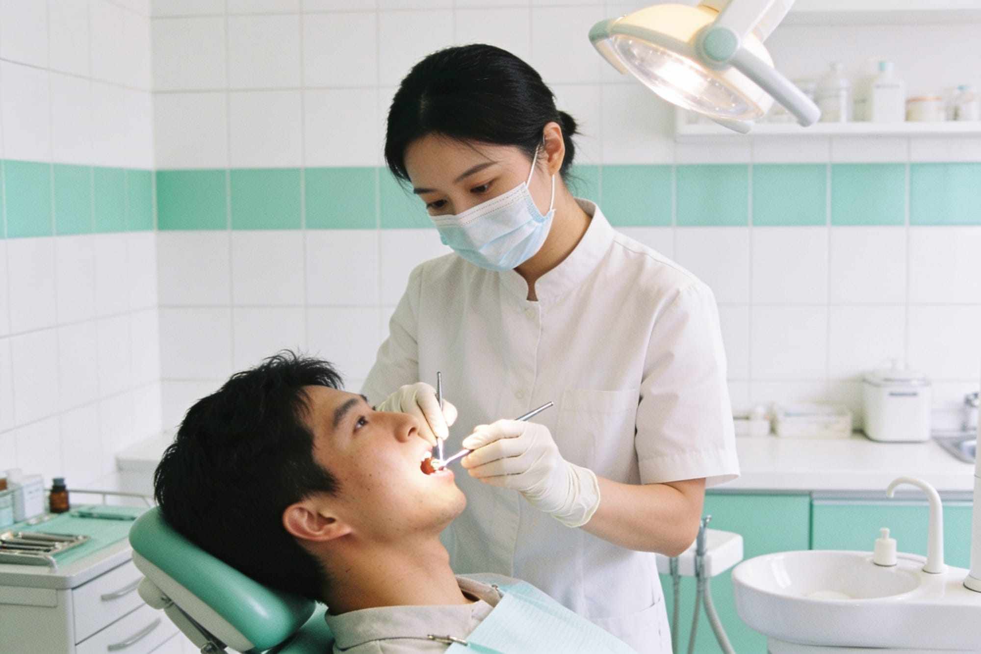 A hygienist cleaning a patient's teeth in a bright treatment room