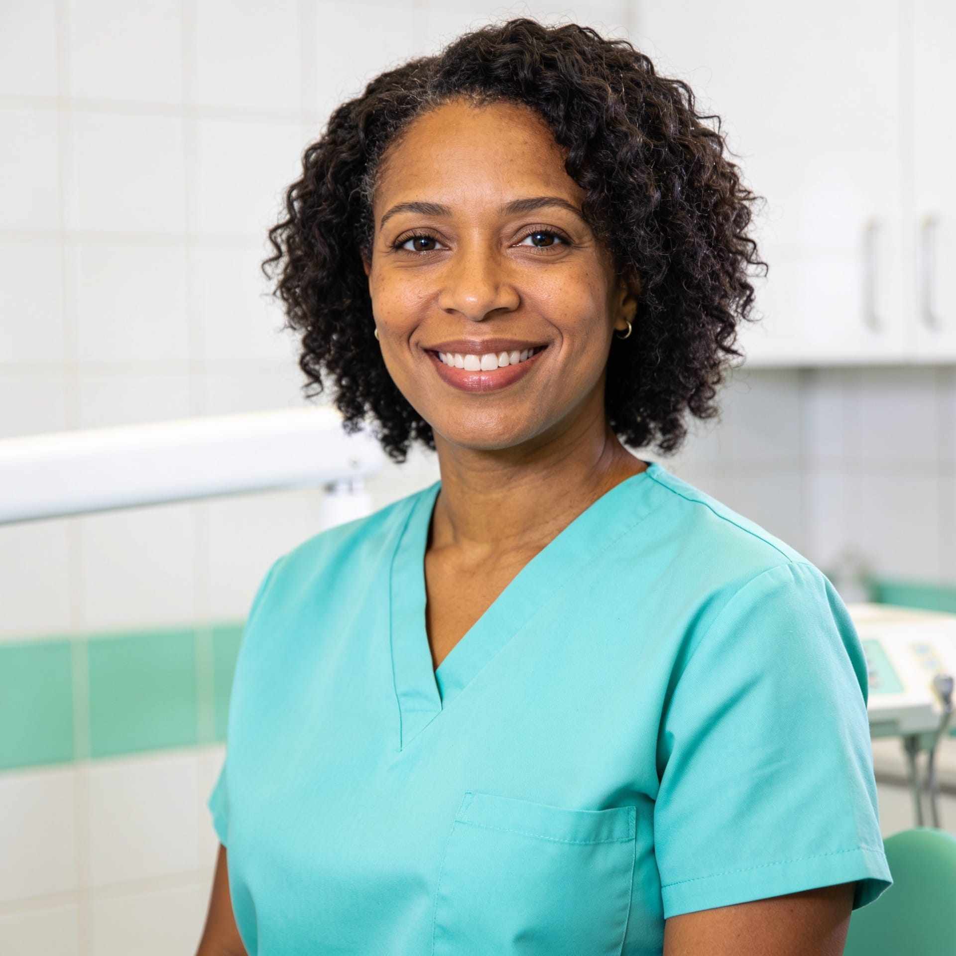 Portrait of Dr Maya Okafor smiling in mint scrubs