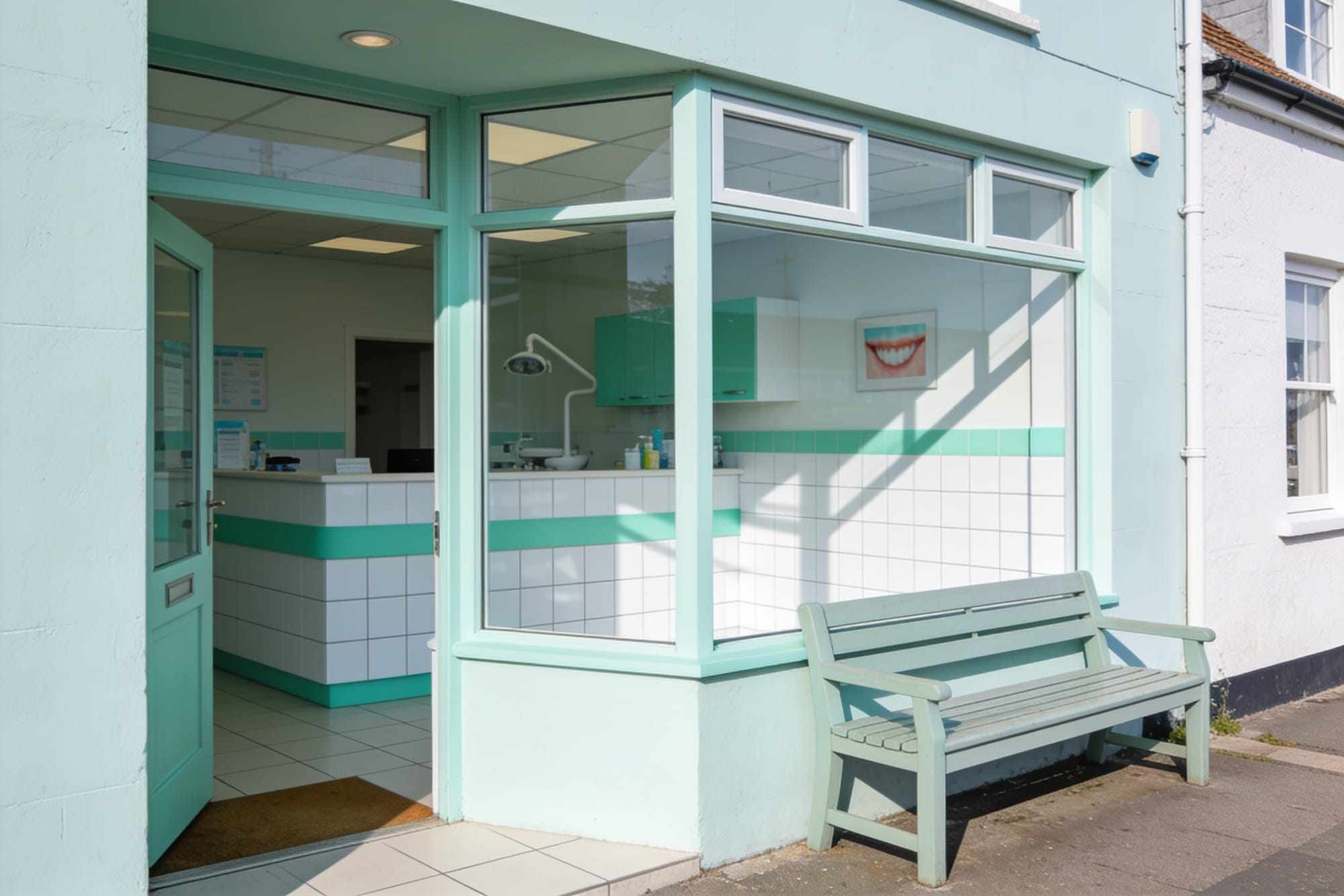 The bright front of a small seaside dental practice with large windows and a bench outside