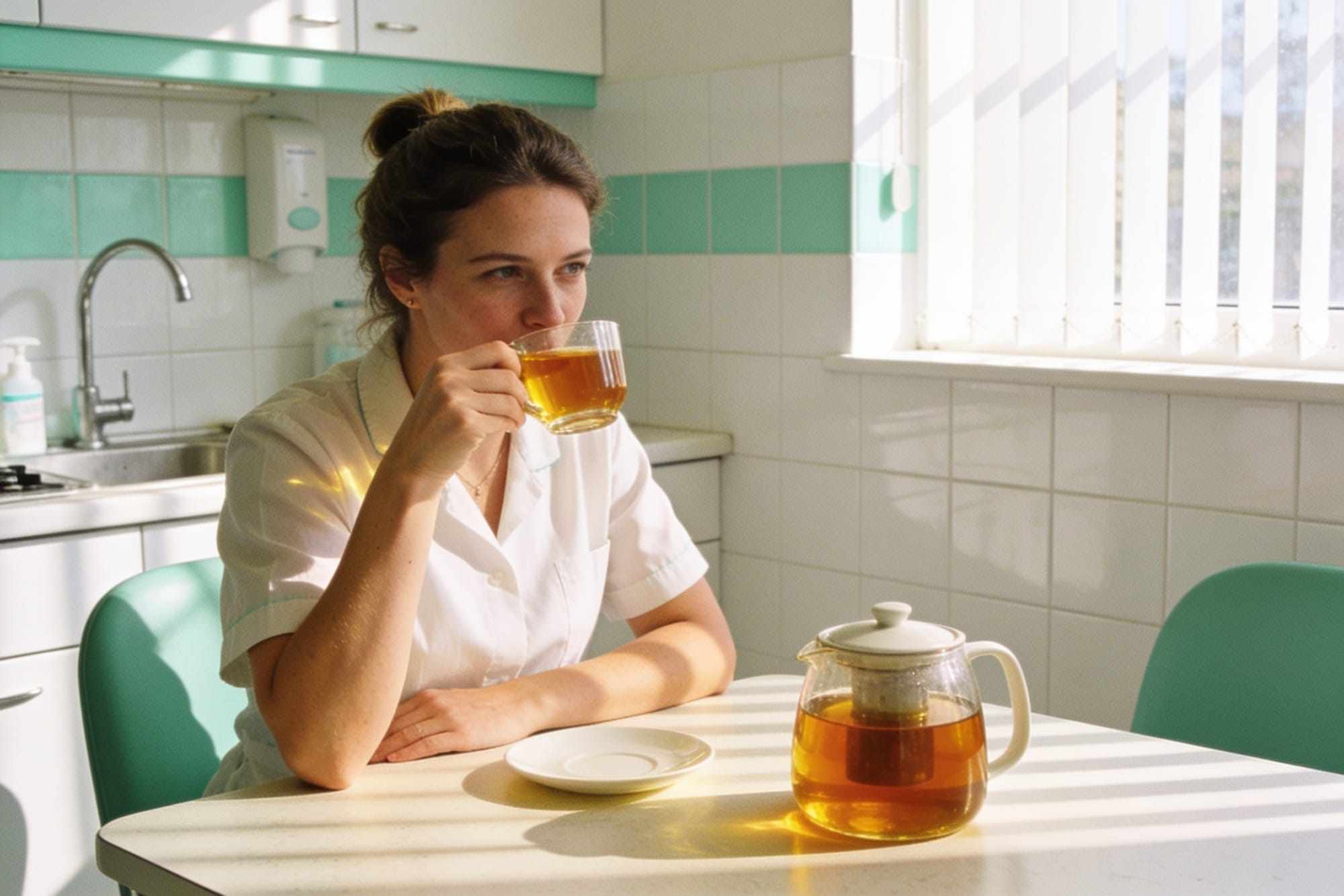 A woman sipping a cup of tea at a kitchen table by a window