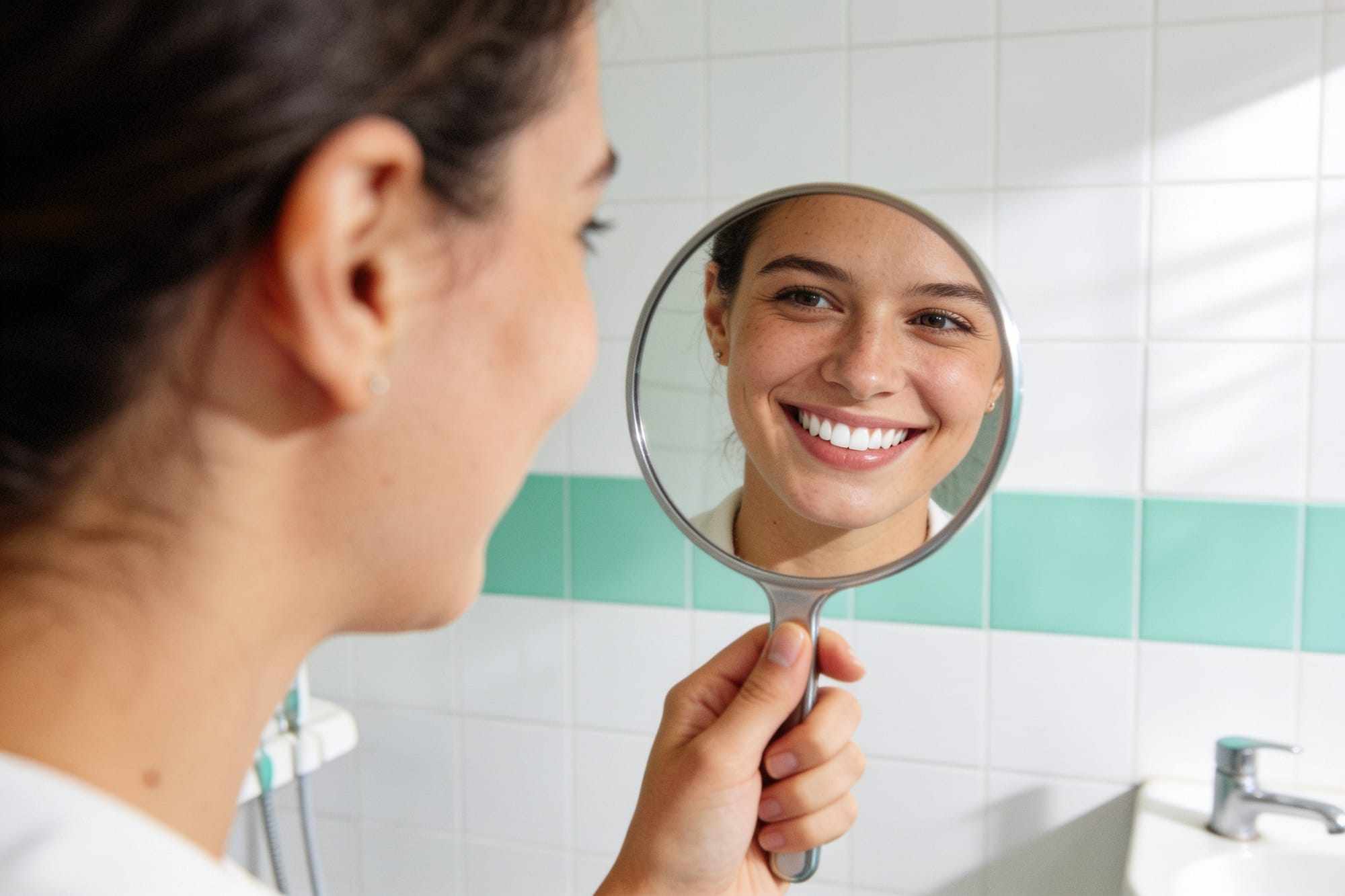 A woman with bright white teeth smiling and holding a hand mirror